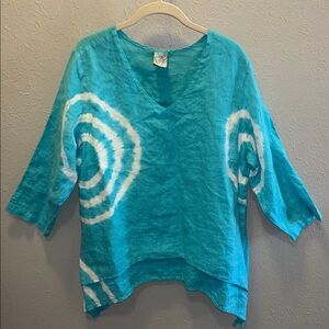 La Fixsun Linen Blue Tie Dye Tunic Top Tier Lagenlook Women’s Size Small USA